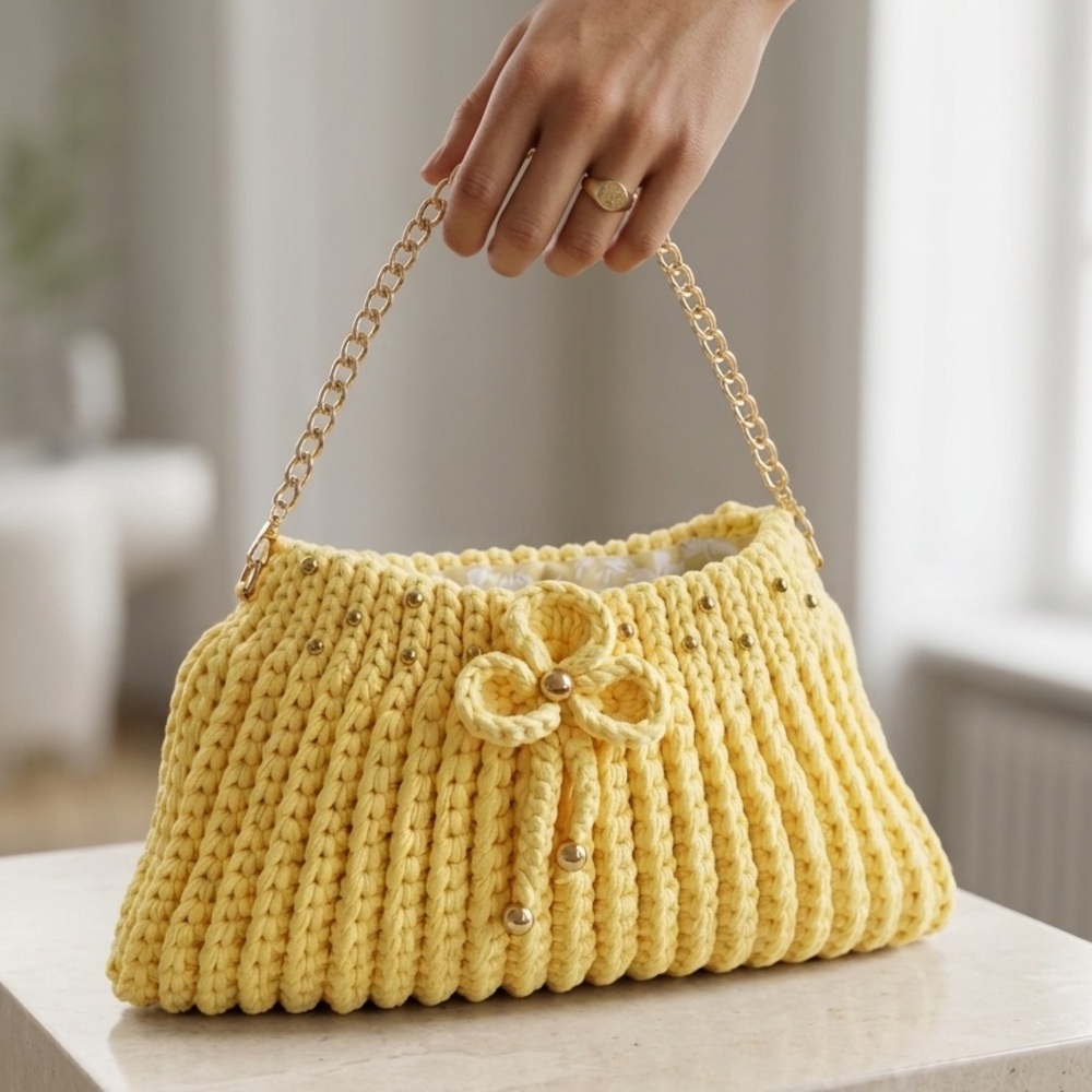 Yellow Hand-Knit Shoulder Bag with Gold Chain